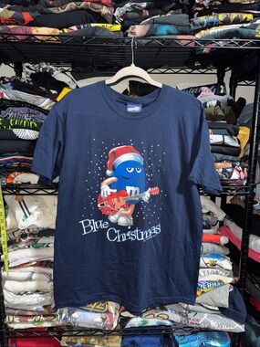 Vintage M&M Christmas Snow Guitar Graphic Shirt Blue Size Large